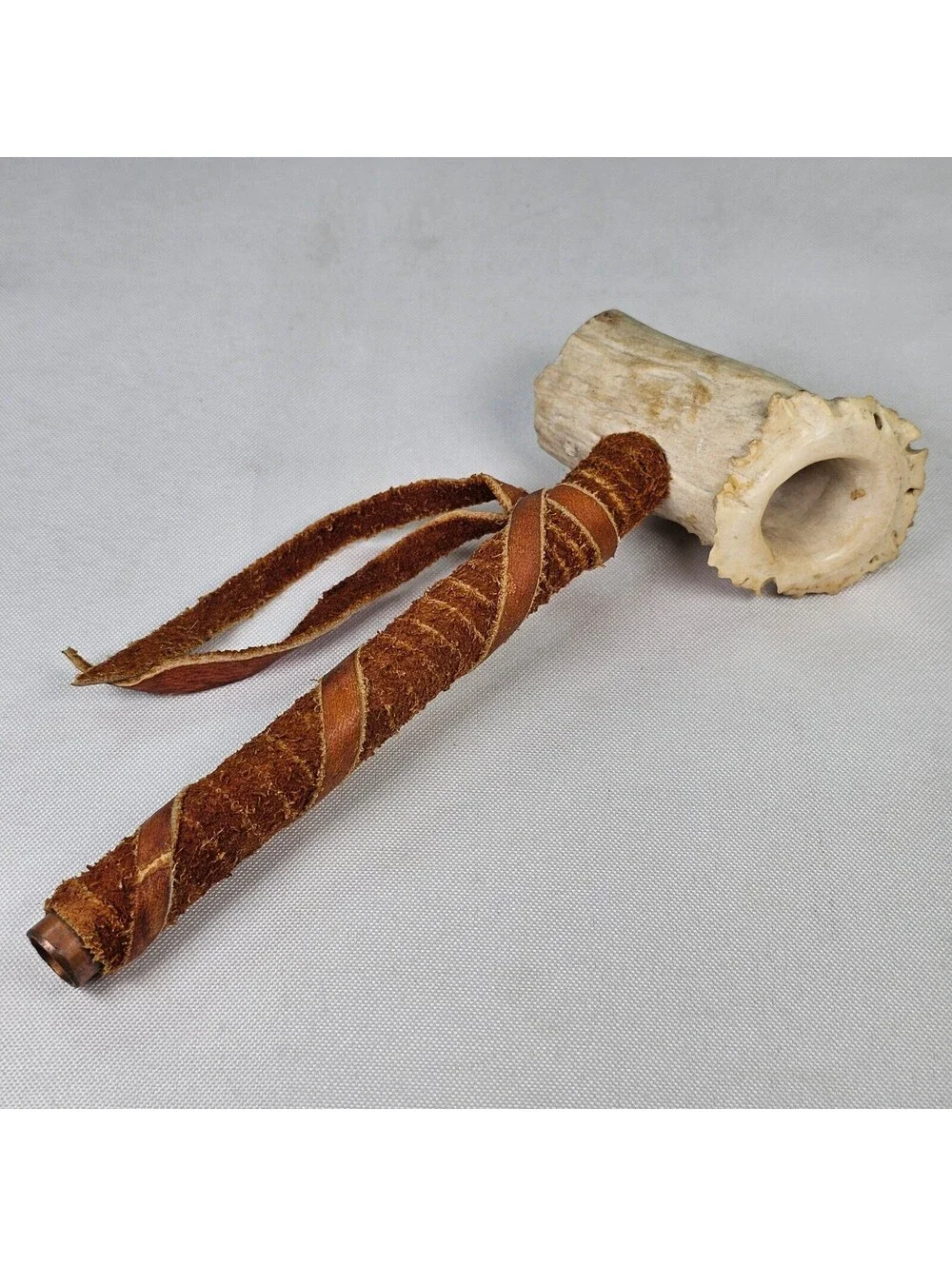 Handmade Antler Peace Pipe Leather Wrapped Stem Copper Tip Rustic 7in New